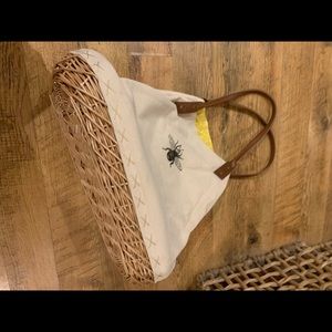 Wicker picnic bag bees boho purse mixed media funky unique used brown